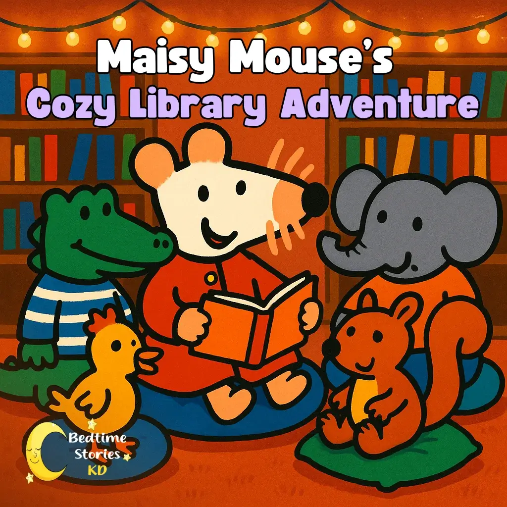 Bedtime-Stories-For-Kids-Maisy-Mouse-and-her-friends-reading-books-at-the-library-before-bedtime