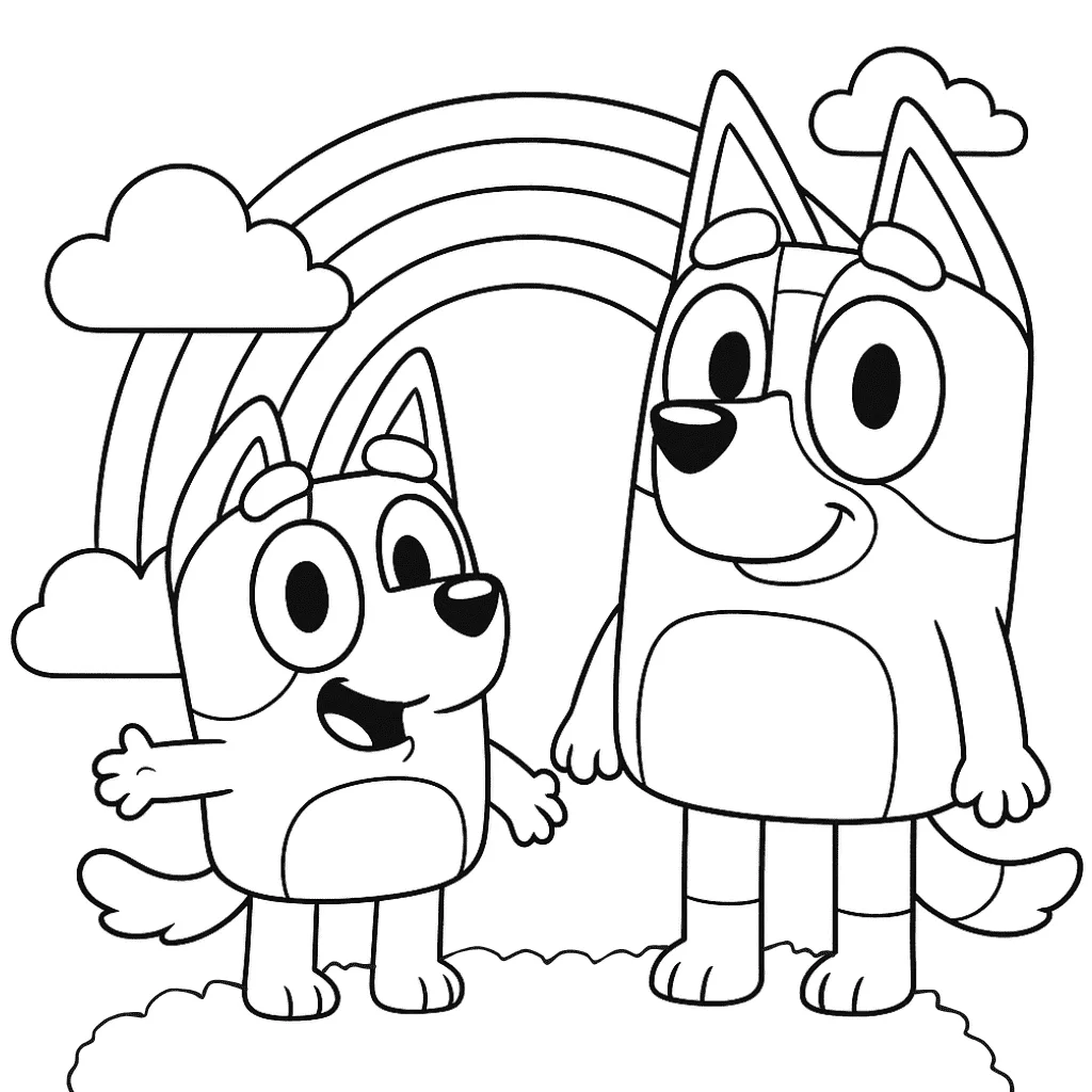 Bluey-and-Bingo-with-rainbow-coloring-page-for-kids-free