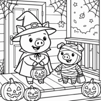 Cute brother and sister pig halloween coloring page
