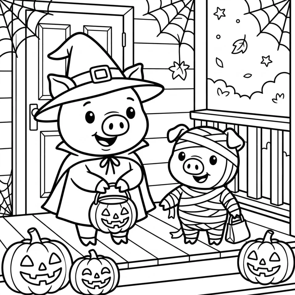 Cute brother and sister pig halloween coloring page