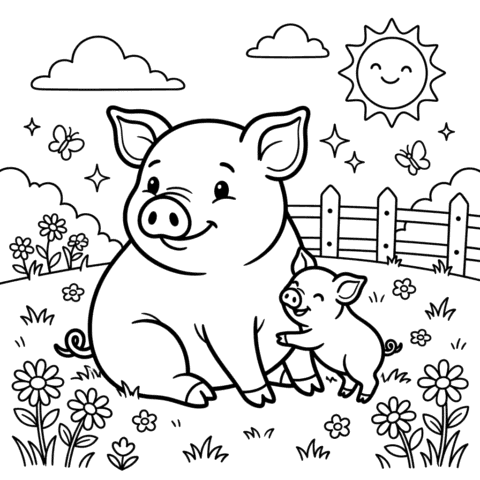 Cute mommy and baby pig coloring page