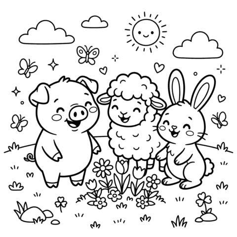 Cute pig and farm friends coloring page