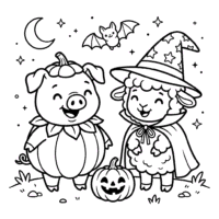Cute pig and lamb halloween coloring page