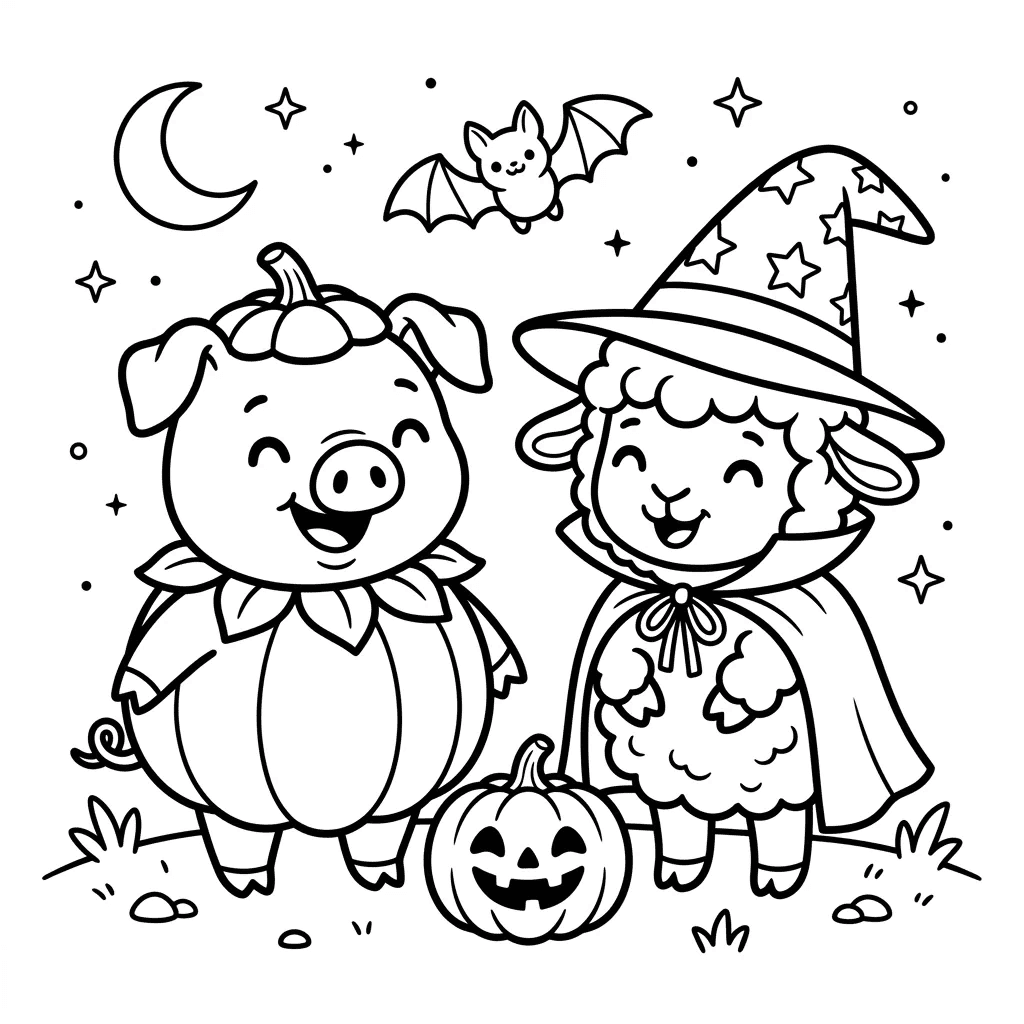 Cute pig and lamb halloween coloring page