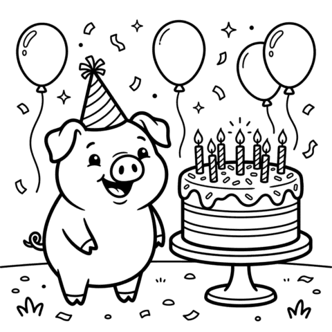 Cute pig birthday party coloring page