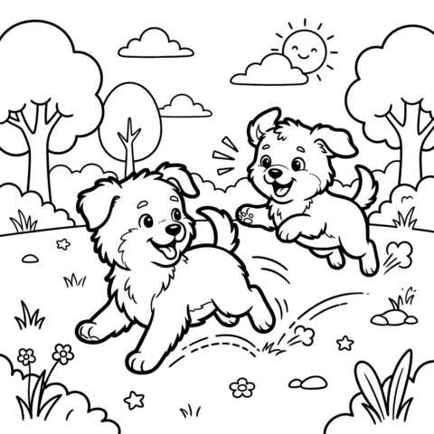 Cute puppies playing tag coloring page