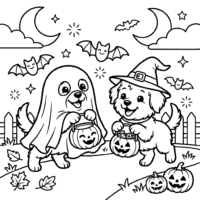 Cute puppies trick or treating coloring page