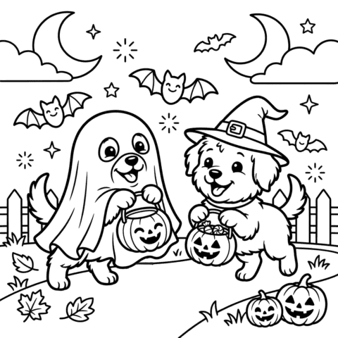 Cute puppies trick or treating coloring page