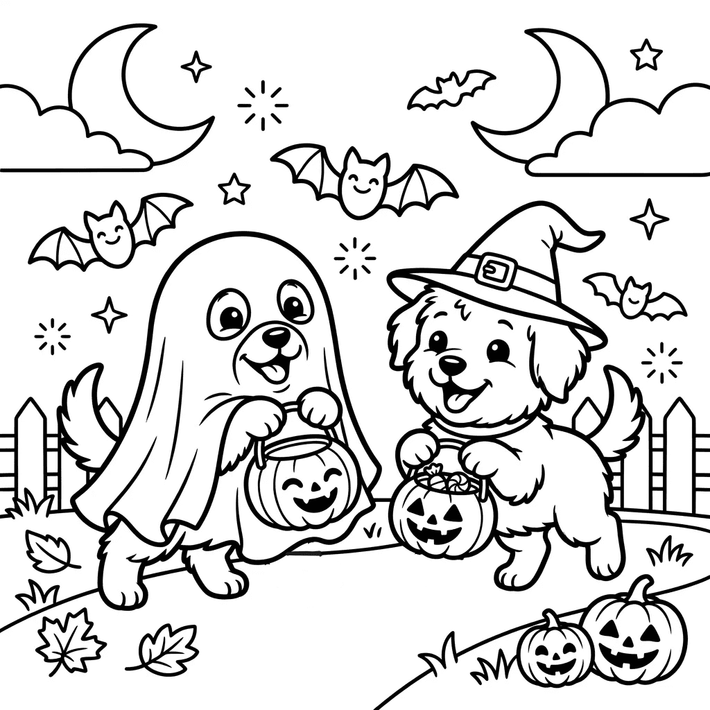 Cute puppies trick or treating coloring page
