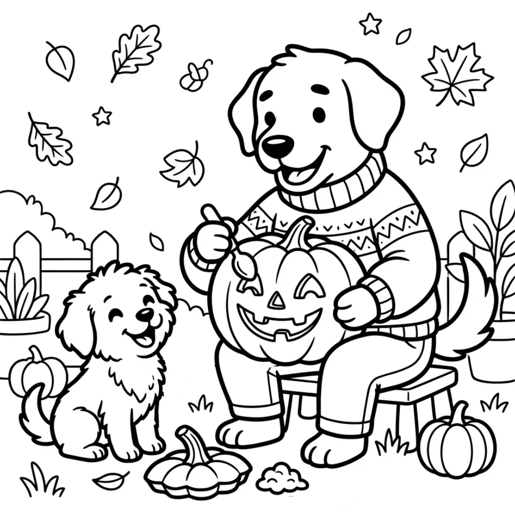 Cute puppy and dad pumpkin coloring page