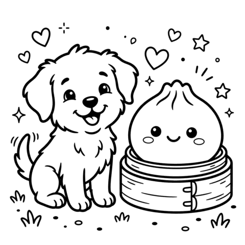 Cute puppy and squishy dumpling coloring page