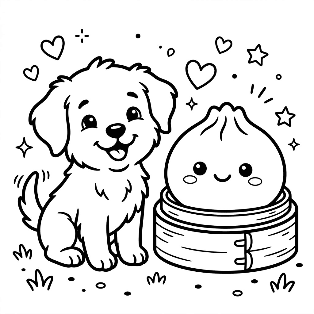 Cute puppy and squishy dumpling coloring page