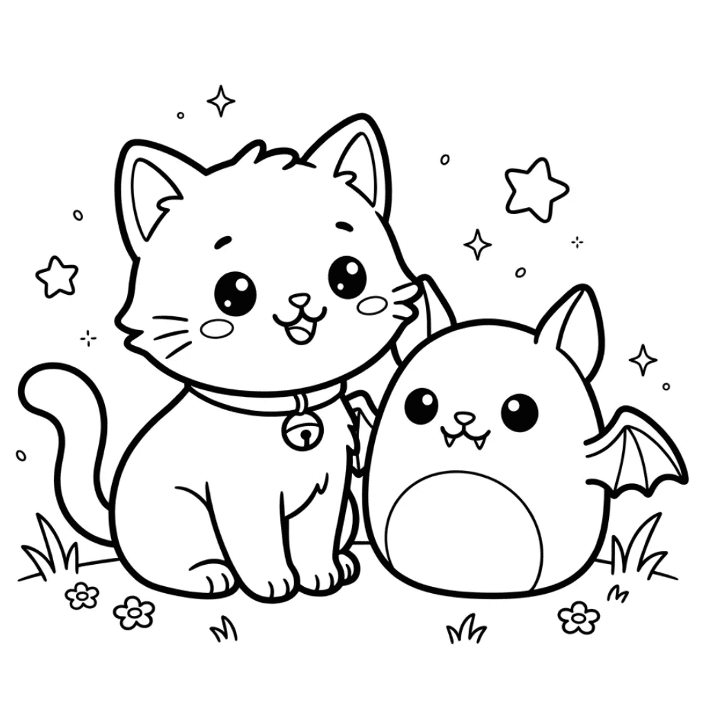 Kawaii cat and bat squishy coloring page