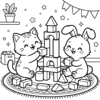 Kawaii cat and bunny playing coloring page