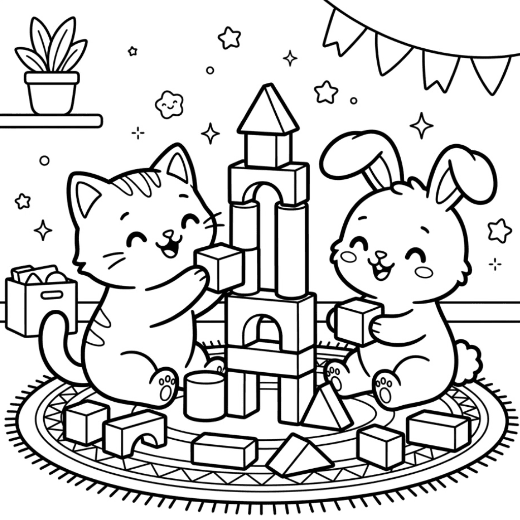 Kawaii cat and bunny playing coloring page