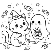 Kawaii cat and cute ghost coloring page