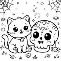 Kawaii cat and cute skull coloring page