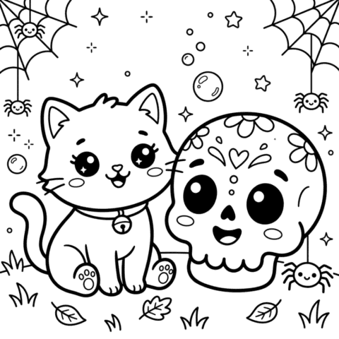 Kawaii cat and cute skull coloring page