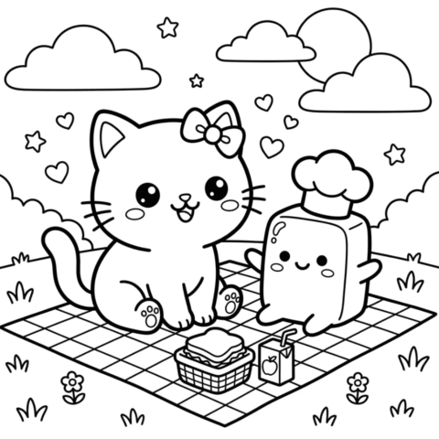 Kawaii cat and squishy butter coloring page