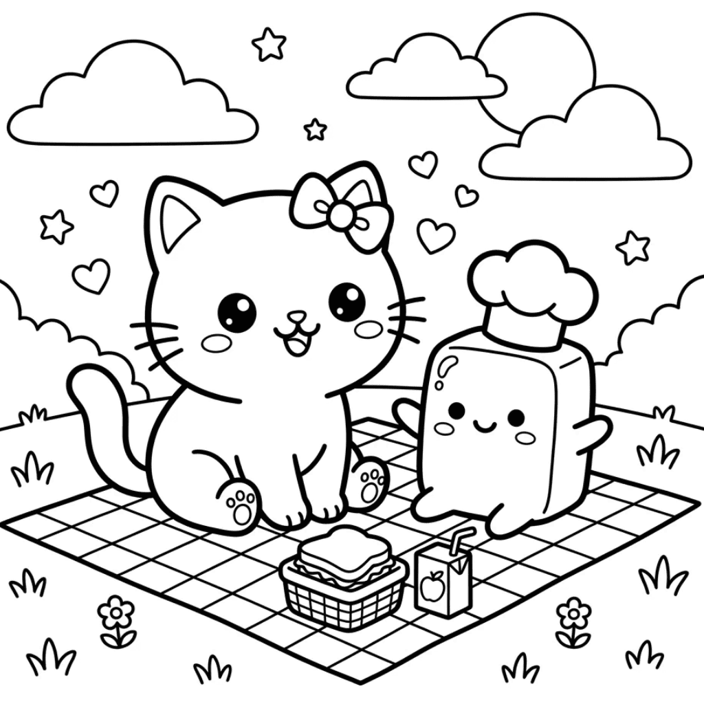 Kawaii cat and squishy butter coloring page