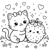 Kawaii cat and squishy strawberry coloring page