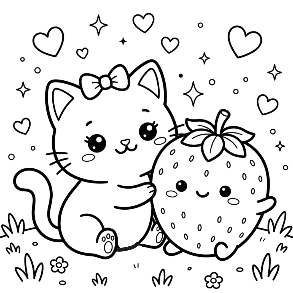 Kawaii cat and squishy strawberry coloring page