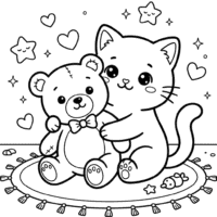 Kawaii cat and teddy bear coloring page