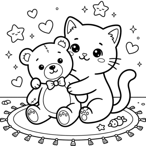 Kawaii cat and teddy bear coloring page