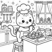 Kawaii cat cooking coloring page