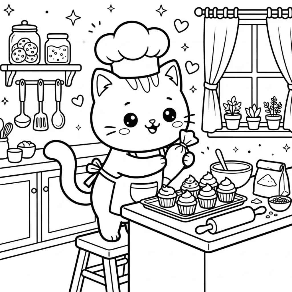 Kawaii cat cooking coloring page