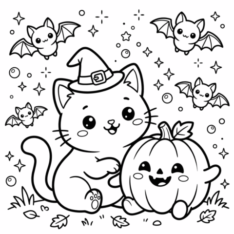 Kawaii cat halloween squishy coloring page