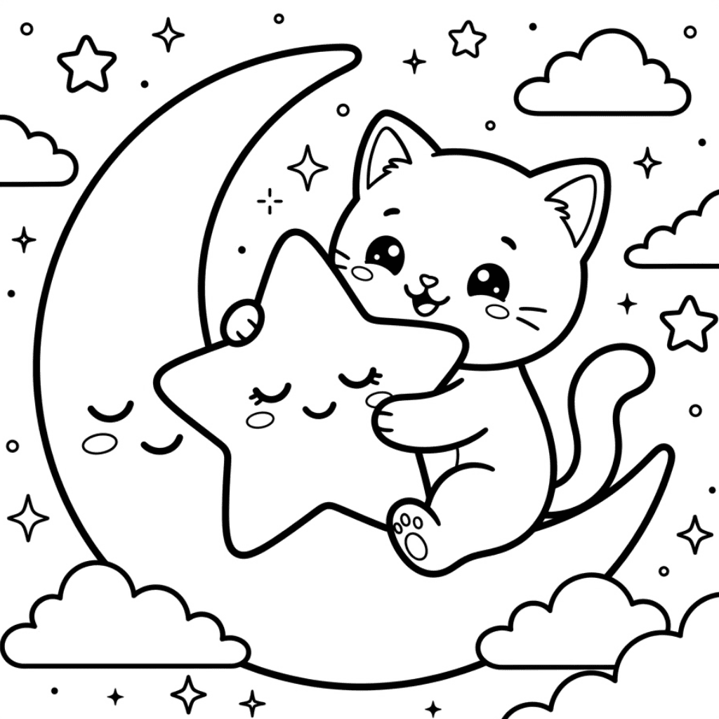 Kawaii cat star coloring page
