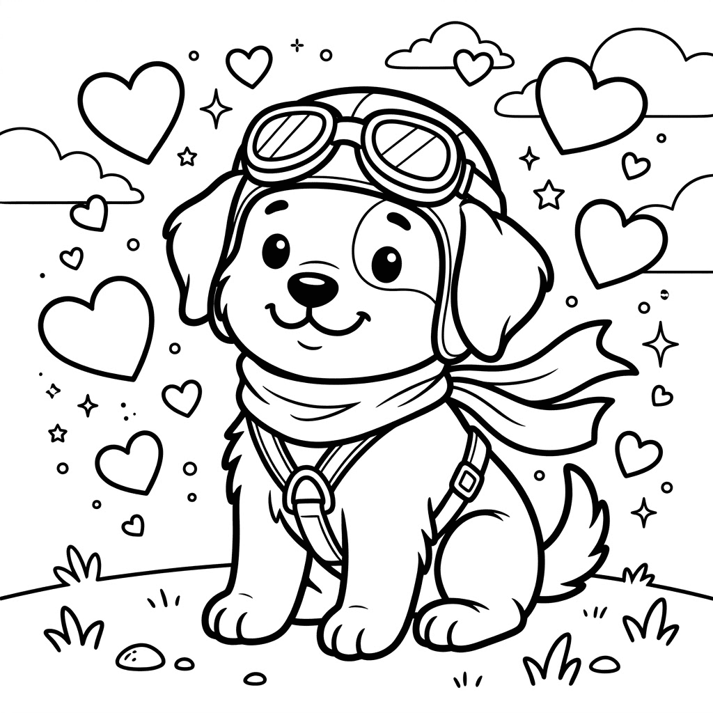 Pilot rescue puppy with hearts coloring page