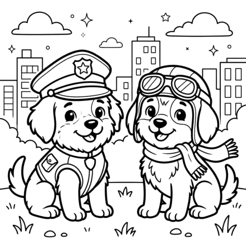 Police and pilot rescue puppies coloring page