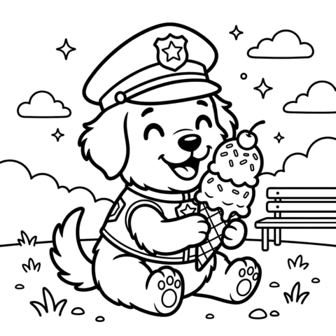 Police rescue puppy eating ice cream coloring page