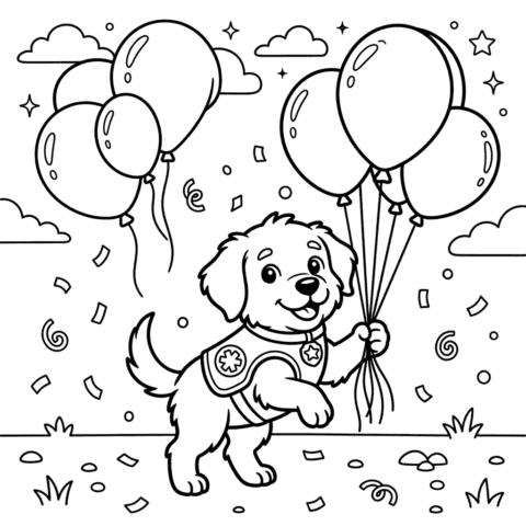 Rescue puppy with balloons coloring page