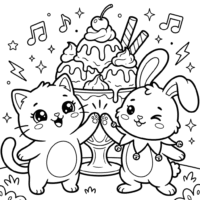 Cute Kawaii Cat and Bunny Coloring Page