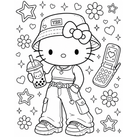Y2K Aesthetic Hello Kitty Coloring Page