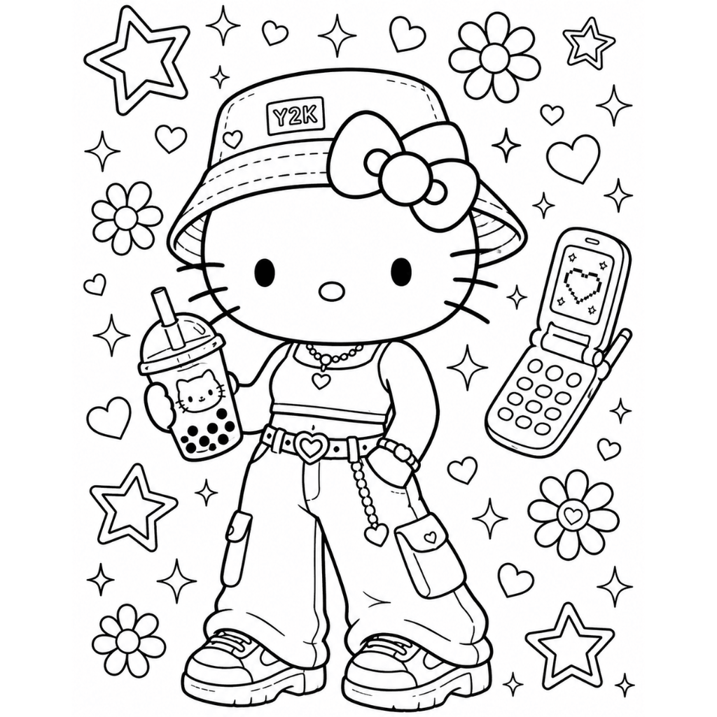 Y2K Aesthetic Hello Kitty Coloring Page