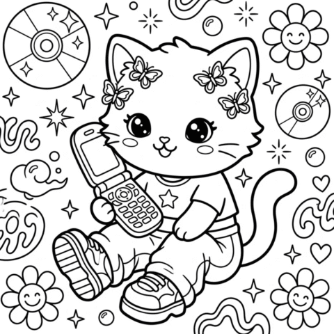 Y2K kawaii cat coloring page