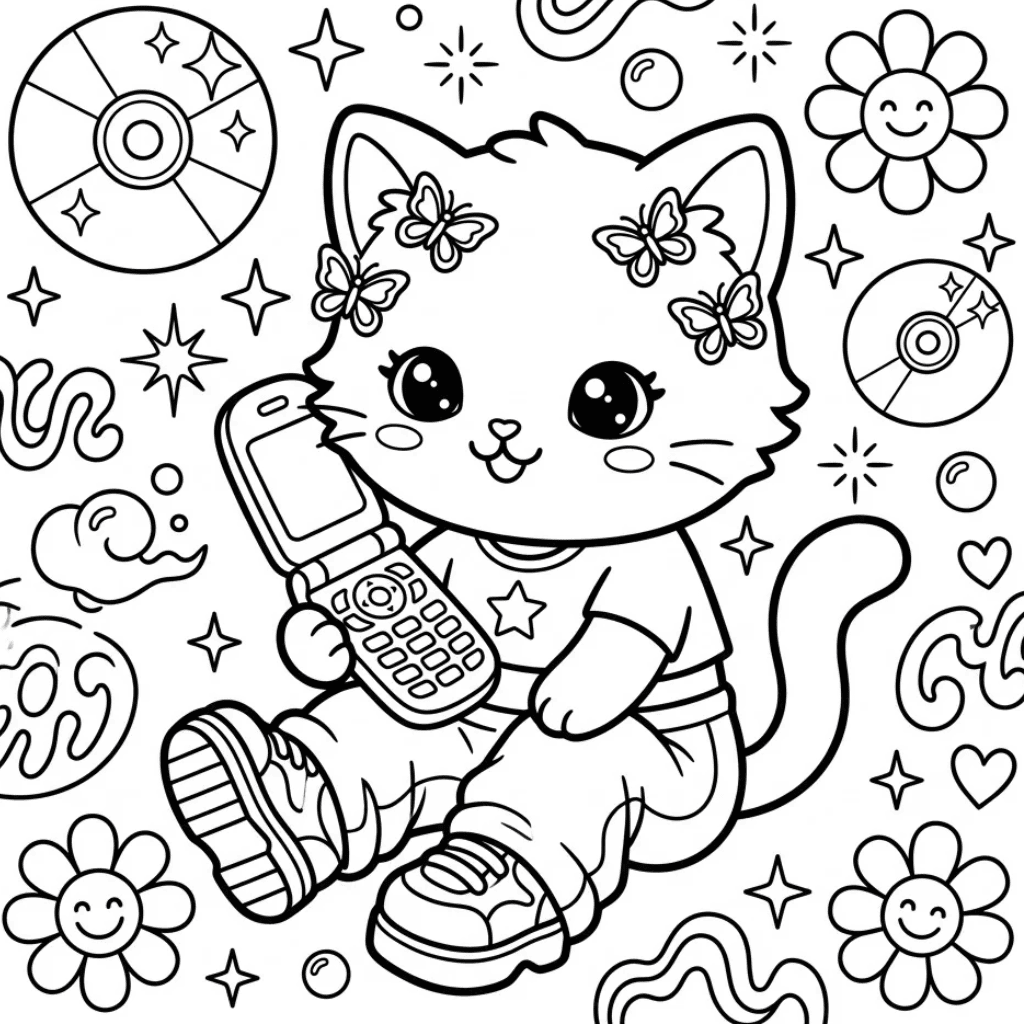 Y2K kawaii cat coloring page