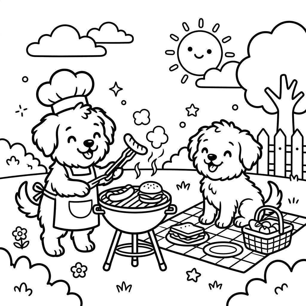 Cute puppies barbecue picnic coloring page