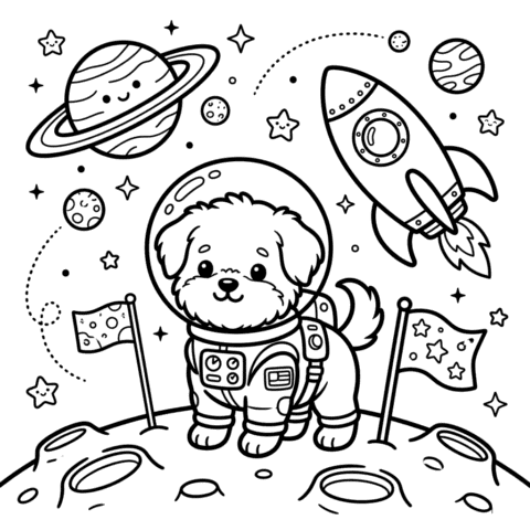 Cute puppy space adventure coloring page