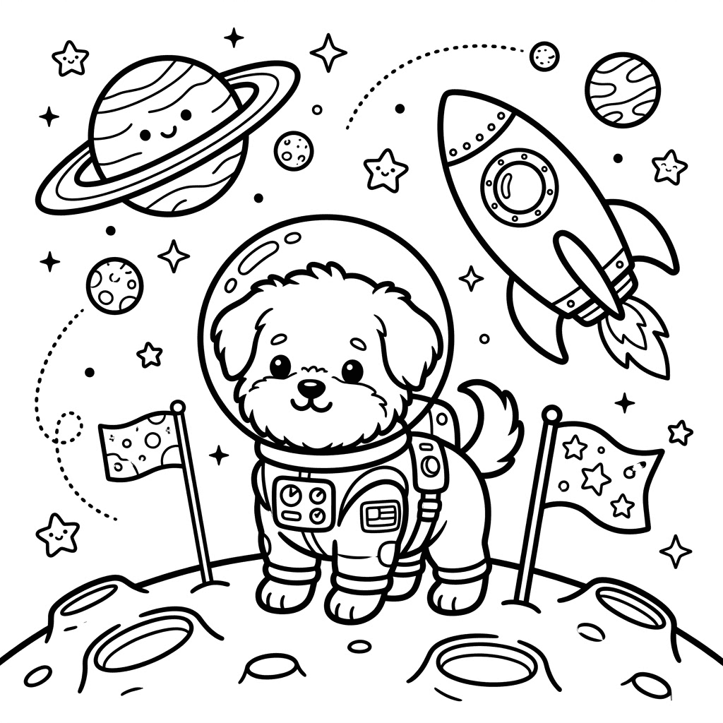 Cute puppy space adventure coloring page
