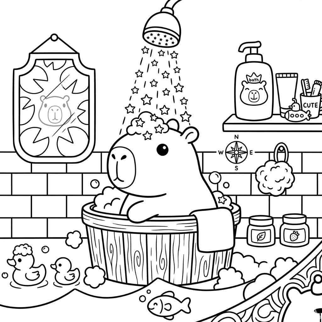 Capybara Bath Coloring Page