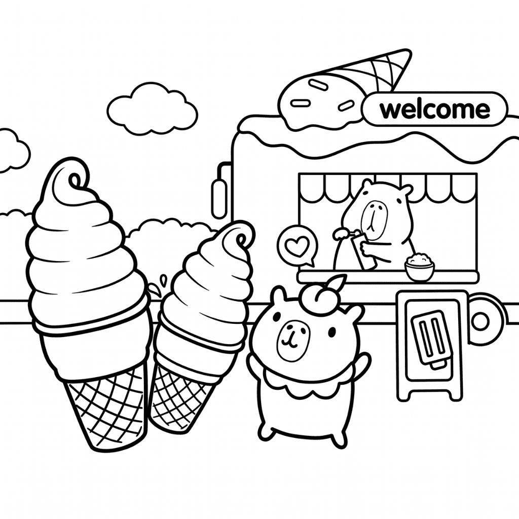 Capybara Ice Cream Coloring Page