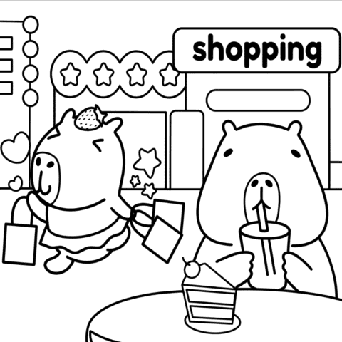 Cute Capybara Shopping Coloring Page