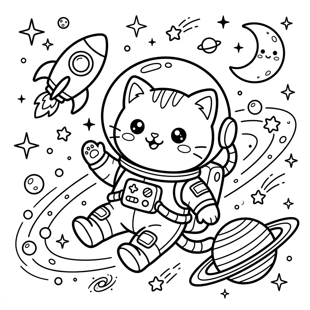 Cute Kawaii Cat Astronaut Coloring Page
