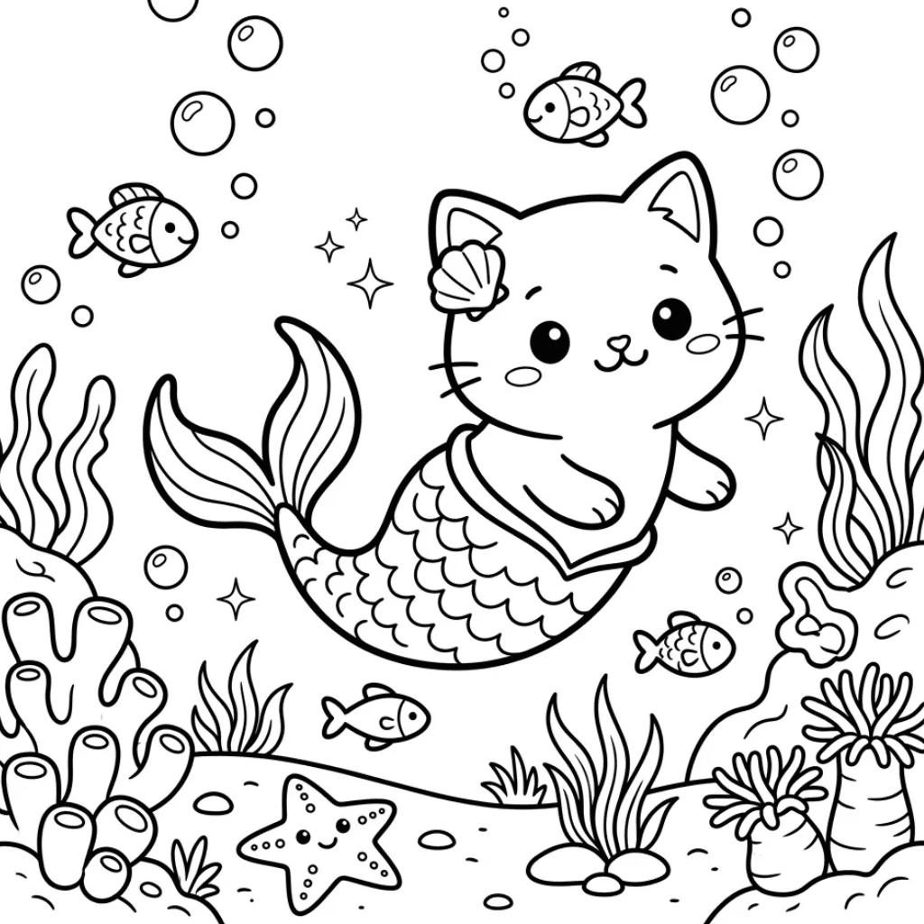 Cute Kawaii Cat Mermaid Coloring Page