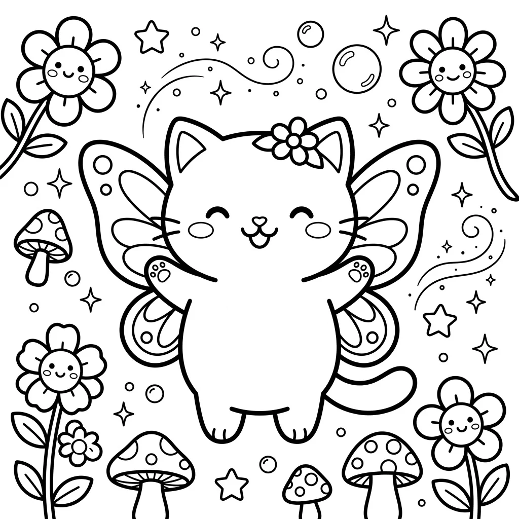 Kawaii Cat Fairy Coloring Page